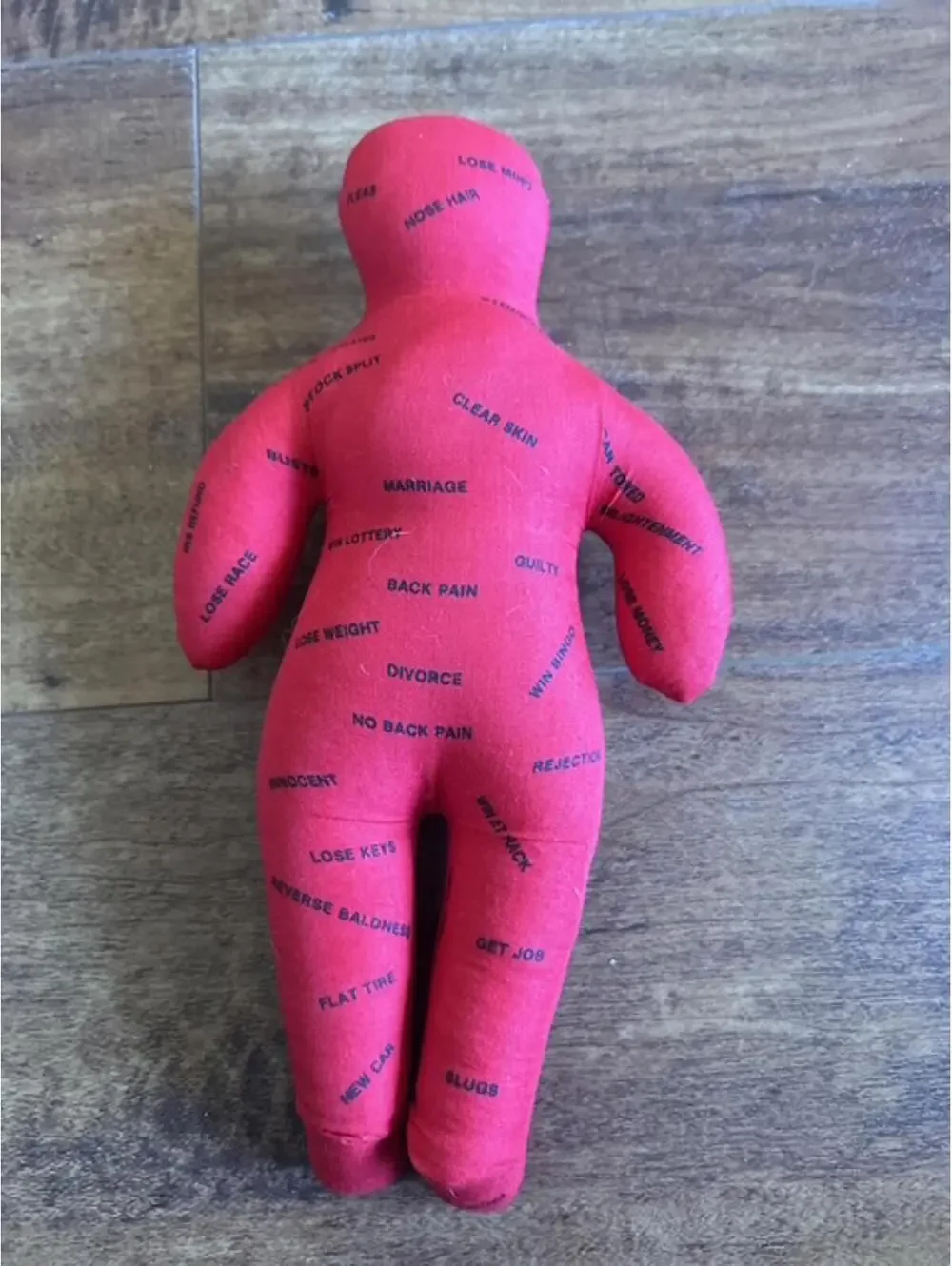 Red Fabric Voodoo Doll with Printed Words